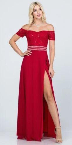 La Scala 25555 Off-Shoulder Long A-Line Dress With Slit(La Scala 25555 Off Shoulder Long Formal Dress With Slit) -Discount Dress Shops 25555 la scala red