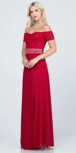 La Scala 25555 Off-Shoulder Long A-Line Dress With Slit(La Scala 25555 Off Shoulder Long Formal Dress With Slit) -Discount Dress Shops 25555 la scala red side