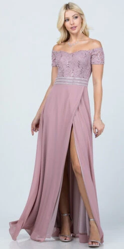 La Scala 25555 Off-Shoulder Long A-Line Dress With Slit(La Scala 25555 Off Shoulder Long Formal Dress With Slit) -Discount Dress Shops 25555 la scala wood rose