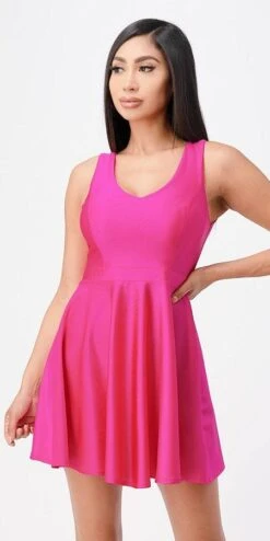 La Scala 25589 Sleeveless Dalia Fit And Flared Solid V-Neck Tricot Dress(La Scala 25589 Sleeveless Dalia Fit And Flared Solid V Neck Tricot Dress) -Discount Dress Shops 25589 la scala fuchsia