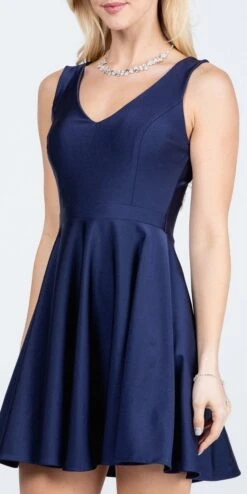 La Scala 25589 Sleeveless Dalia Fit And Flared Solid V-Neck Tricot Dress(La Scala 25589 Sleeveless Dalia Fit And Flared Solid V Neck Tricot Dress) -Discount Dress Shops 25589 la scala navy blue
