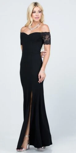 La Scala 25612 Long Mermaid Dress Off Shoulder Lace Sleeve(La Scala 25612 Long Mermaid Burgundy Dress Off Shoulder Lace Sleeve) -Discount Dress Shops 25612 la scala black side