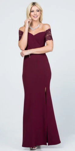 La Scala 25612 Long Mermaid Dress Off Shoulder Lace Sleeve(La Scala 25612 Long Mermaid Burgundy Dress Off Shoulder Lace Sleeve)