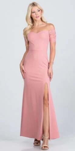 La Scala 25612 Long Mermaid Dress Off Shoulder Lace Sleeve(La Scala 25612 Long Mermaid Burgundy Dress Off Shoulder Lace Sleeve) -Discount Dress Shops 25612 la scala dark blush