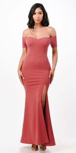 La Scala 25612 Long Mermaid Dress Off Shoulder Lace Sleeve(La Scala 25612 Long Mermaid Burgundy Dress Off Shoulder Lace Sleeve) -Discount Dress Shops 25612 la scala dark mauve