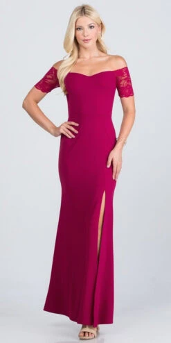 La Scala 25612 Long Mermaid Dress Off Shoulder Lace Sleeve(La Scala 25612 Long Mermaid Burgundy Dress Off Shoulder Lace Sleeve) -Discount Dress Shops 25612 la scala fuchsia