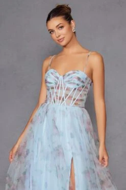Juliet JT2562S Floral Print Strapless A-Line Tulle Gown(Juliet Jt2562s Floral Print Strapless A Line Tulle Gown) -Discount Dress Shops 2562SLIGHTBLUE 1