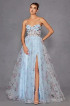 Juliet JT2562S Floral Print Strapless A-Line Tulle Gown(Juliet Jt2562s Floral Print Strapless A Line Tulle Gown) -Discount Dress Shops 2562SLIGHTBLUE 2