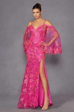 Juliet JT2564U Long Sleeve Cold Shoulder Fitted Sequin Gown(Juliet Jt2564u Long Sleeve Cold Shoulder Fitted Sequin Gown) -Discount Dress Shops 2564UFUCHSIA 4
