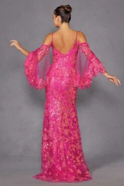 Juliet JT2564U Long Sleeve Cold Shoulder Fitted Sequin Gown(Juliet Jt2564u Long Sleeve Cold Shoulder Fitted Sequin Gown) -Discount Dress Shops 2564UFUCHSIA 6