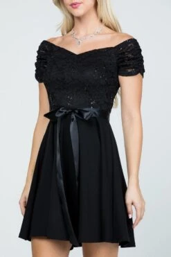 La Scala 25737 Off The Shoulder Ruched Sleeve Lace Fit And Flare Dress(La Scala 25737 Off The Shoulder Ruched Sleeve Lace Fit And Flare Dress Sash Satin Waist) -Discount Dress Shops 25737 la scala black zoom 05de1284 a593 4424 8e10 c26fe463690c