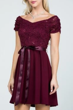La Scala 25737 Off The Shoulder Ruched Sleeve Lace Fit And Flare Dress(La Scala 25737 Off The Shoulder Ruched Sleeve Lace Fit And Flare Dress Sash Satin Waist) -Discount Dress Shops 25737 la scala burgundy zoom d146bc3a 528b 4dd7 b64e 1e438a608d7f