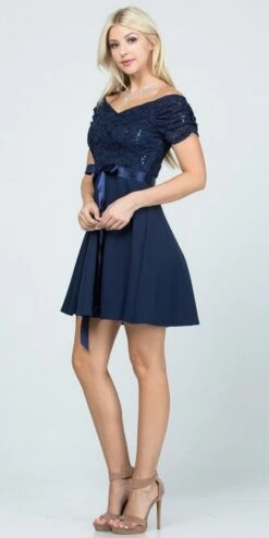 La Scala 25737 Off The Shoulder Ruched Sleeve Lace Fit And Flare Dress(La Scala 25737 Off The Shoulder Ruched Sleeve Lace Fit And Flare Dress Sash Satin Waist) -Discount Dress Shops 25737 la scala navy blue 6de7b38a faad 4d21 b1bc f7743374b3ed