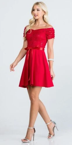 La Scala 25737 Off The Shoulder Ruched Sleeve Lace Fit And Flare Dress(La Scala 25737 Off The Shoulder Ruched Sleeve Lace Fit And Flare Dress Sash Satin Waist) -Discount Dress Shops 25737 la scala red b11169dc 5174 4740 9286 63ffd34c8df6