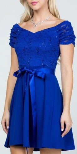 La Scala 25737 Off The Shoulder Ruched Sleeve Lace Fit And Flare Dress(La Scala 25737 Off The Shoulder Ruched Sleeve Lace Fit And Flare Dress Sash Satin Waist) -Discount Dress Shops 25737 la scala royal blue 9f2656ae 9b93 427d 935a 8ba1b1596193