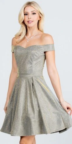 La Scala 25759 Short Off The Shoulder Skater Dress Glitter Jacquard(La Scala 25759 Short Off The Shoulder Skater Dress Glitter Jacquard Rust) -Discount Dress Shops 25759 la scala olive