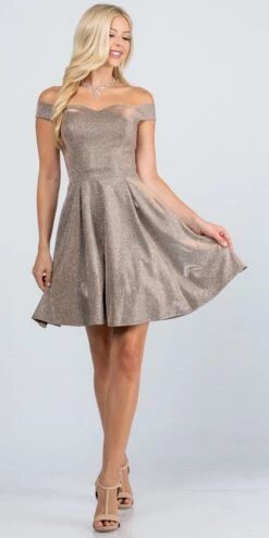 La Scala 25759 Short Off The Shoulder Skater Dress Glitter Jacquard(La Scala 25759 Short Off The Shoulder Skater Dress Glitter Jacquard Rust) -Discount Dress Shops 25759 la scala taupe full 0db7a695 46f1 4064 a918 f89b8ada0bc9