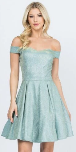 La Scala 25759 Short Off The Shoulder Skater Dress Glitter Jacquard(La Scala 25759 Short Off The Shoulder Skater Dress Glitter Jacquard Rust) -Discount Dress Shops 25759 mint