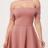 La Scala 25795 Off The Shoulder Short Sleeve Skater Dress(La Scala 25795 Off The Shoulder Short Sleeve Skater Dress Dark Mauve)