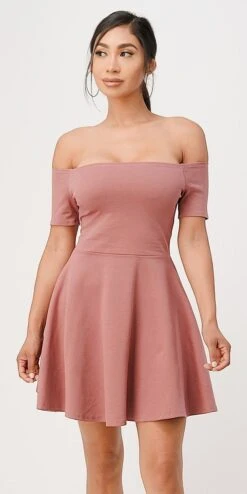 La Scala 25795 Off The Shoulder Short Sleeve Skater Dress(La Scala 25795 Off The Shoulder Short Sleeve Skater Dress Dark Mauve)