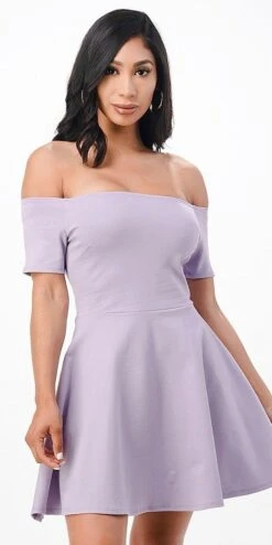 CLEARANCE - La Scala 25795 Off The Shoulder Short Sleeve Skater Dress (Size M)(Clearance La Scala 25795 Off The Shoulder Short Sleeve Skater Dress Size M) -Discount Dress Shops 25795 la scala lilac