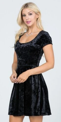 CLEARANCE - La Scala 25821 Crushed Velvet Short Sleeve Red Skater Dress (Size XL)(Crushed Velvet Short Sleeve Skater Dress Burgundy) -Discount Dress Shops 25821 la scala black