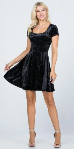 CLEARANCE - La Scala 25821 Crushed Velvet Short Sleeve Red Skater Dress (Size XL)(Crushed Velvet Short Sleeve Skater Dress Burgundy) -Discount Dress Shops 25821 la scala black full