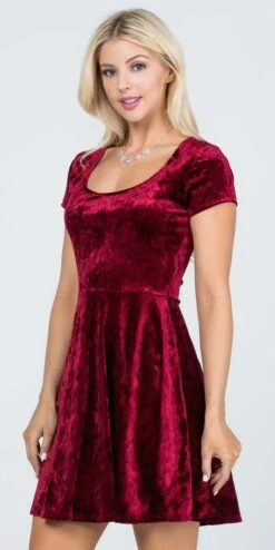 CLEARANCE - La Scala 25821 Crushed Velvet Short Sleeve Red Skater Dress (Size XL)(Crushed Velvet Short Sleeve Skater Dress Burgundy) -Discount Dress Shops 25821 la scala burgundy
