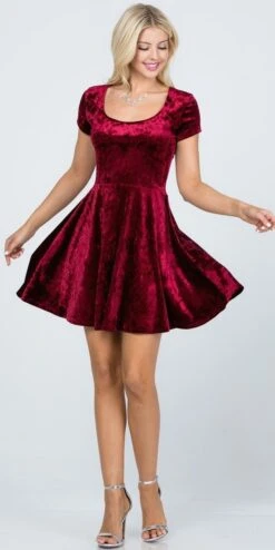 CLEARANCE - La Scala 25821 Crushed Velvet Short Sleeve Red Skater Dress (Size XL)(Crushed Velvet Short Sleeve Skater Dress Burgundy) -Discount Dress Shops 25821 la scala burgundy full