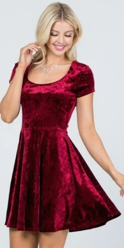 CLEARANCE - La Scala 25821 Crushed Velvet Short Sleeve Red Skater Dress (Size XL)(Crushed Velvet Short Sleeve Skater Dress Burgundy) -Discount Dress Shops 25821 la scala burgundy side