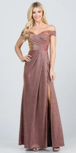 La Scala 25854 Off The Shoulder Glittery Jacquard Gathered Gown(La Scala 25854 Long Off The Shoulder Glittery Jacquard Gathered Gown With Open Side) -Discount Dress Shops 25854 la scala rust