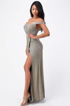 La Scala 25854 Off The Shoulder Glittery Jacquard Gathered Gown(La Scala 25854 Long Off The Shoulder Glittery Jacquard Gathered Gown With Open Side) -Discount Dress Shops 25854 la scala taupe side cde3c9f1 d769 4a61 bf22 1e053835a303