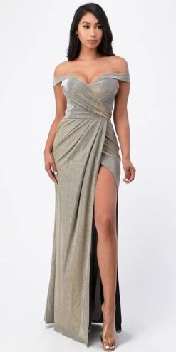 CLEARANCE - La Scala 25854 Off The Shoulder Glittery Jacquard Gathered Gown (Size L)(Clearance La Scala 25854 Off The Shoulder Glittery Jacquard Gathered Gown Size L) -Discount Dress Shops 25854 la scala taupe 532519ea d65c 4e7c 808b 1dadc5f26217