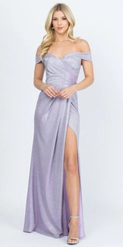 La Scala 25854 Off The Shoulder Glittery Jacquard Gathered Gown(La Scala 25854 Long Off The Shoulder Glittery Jacquard Gathered Gown With Open Side) -Discount Dress Shops 25854 lilac
