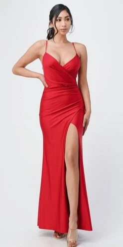 La Scala 25872 Long Dress Pleated Spaghetti Strap Side Leg Slit(La Scala 25872 Long Party Dress Pleated Spaghetti Strap Side Leg Slit) -Discount Dress Shops 25872 la scala red asian