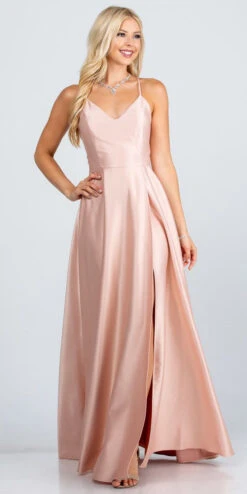 La Scala 25895 Open Side Back Spaghetti Tie Stretch Satin Gown(Open Side Back Spaghetti Tie Stretch Satin Gown By La Scala 25895) -Discount Dress Shops 25895 blush