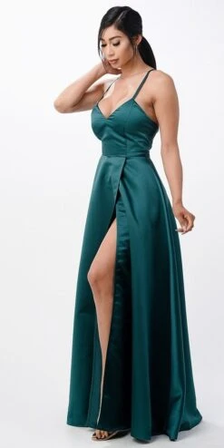 La Scala 25895 Open Side Back Spaghetti Tie Stretch Satin Gown(Open Side Back Spaghetti Tie Stretch Satin Gown By La Scala 25895) -Discount Dress Shops 25895 la scala hunter green side