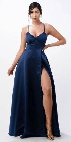 La Scala 25895 Open Side Back Spaghetti Tie Stretch Satin Gown(Open Side Back Spaghetti Tie Stretch Satin Gown By La Scala 25895) -Discount Dress Shops 25895 la scala navy blue