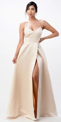 La Scala 25895 Open Side Back Spaghetti Tie Stretch Satin Gown(Open Side Back Spaghetti Tie Stretch Satin Gown By La Scala 25895) -Discount Dress Shops 25895 la scala oyster