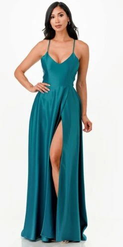 La Scala 25895 Open Side Back Spaghetti Tie Stretch Satin Gown(Open Side Back Spaghetti Tie Stretch Satin Gown By La Scala 25895) -Discount Dress Shops 25895 la scala teal