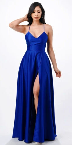 La Scala 25895 Open Side Back Spaghetti Tie Stretch Satin Gown(Open Side Back Spaghetti Tie Stretch Satin Gown By La Scala 25895) -Discount Dress Shops 25895 royal