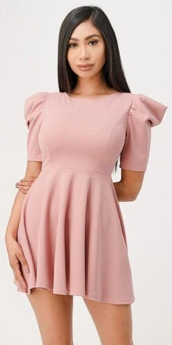 La Scala 25910 Short Puff Sleeve Fit And Flare A-Line Dress(La Scala 25910 Short Puff Sleeve Fit And Flare A Line Dress) -Discount Dress Shops 25910 la scala blush