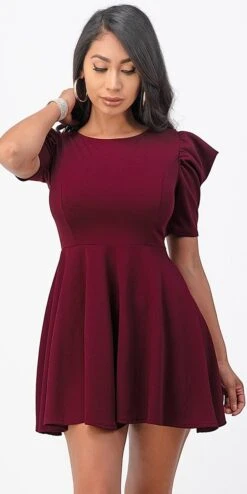La Scala 25910 Short Puff Sleeve Fit And Flare A-Line Dress(La Scala 25910 Short Puff Sleeve Fit And Flare A Line Dress) -Discount Dress Shops 25910 la scala burgundy