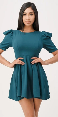 La Scala 25910 Short Puff Sleeve Fit And Flare A-Line Dress(La Scala 25910 Short Puff Sleeve Fit And Flare A Line Dress) -Discount Dress Shops 25910 la scala hunter green
