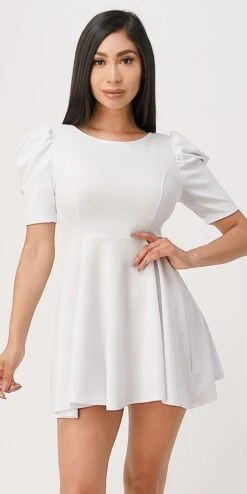 La Scala 25910 Short Puff Sleeve Fit And Flare A-Line Dress(La Scala 25910 Short Puff Sleeve Fit And Flare A Line Dress) -Discount Dress Shops 25910 la scala white
