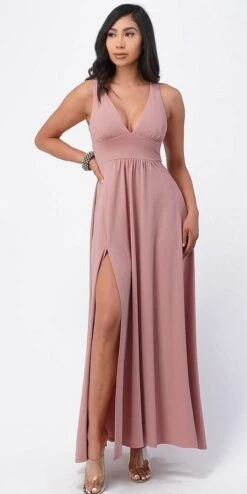 La Scala 25953 Tricot A-Line Dress Deep V-Neck Empire Waist(La Scala 25953 Full Length Tricot A Line Dress Deep V Neck Empire Waist)