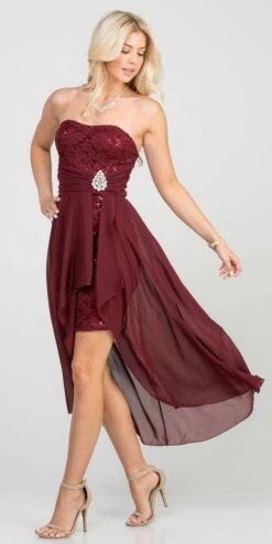 La Scala 25978 High Low Chiffon/Lace Strapless Dress(La Scala 25978 High Low Chiffon Lace Strapless Dress) -Discount Dress Shops 25978 burgundy side