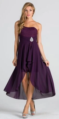 La Scala 25978 High Low Chiffon/Lace Strapless Dress(La Scala 25978 High Low Chiffon Lace Strapless Dress) -Discount Dress Shops 25978 eggplant