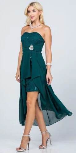 La Scala 25978 High Low Chiffon/Lace Strapless Dress(La Scala 25978 High Low Chiffon Lace Strapless Dress) -Discount Dress Shops 25978 hunter green side