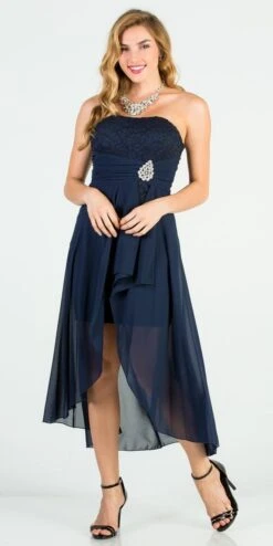 La Scala 25978 High Low Chiffon/Lace Strapless Dress(La Scala 25978 High Low Chiffon Lace Strapless Dress) -Discount Dress Shops 25978 navy